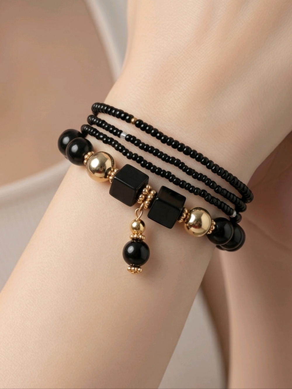 Black Gold Bracelet Stack Set Layered Beaded Stack Jewelry Stretch Bracelets